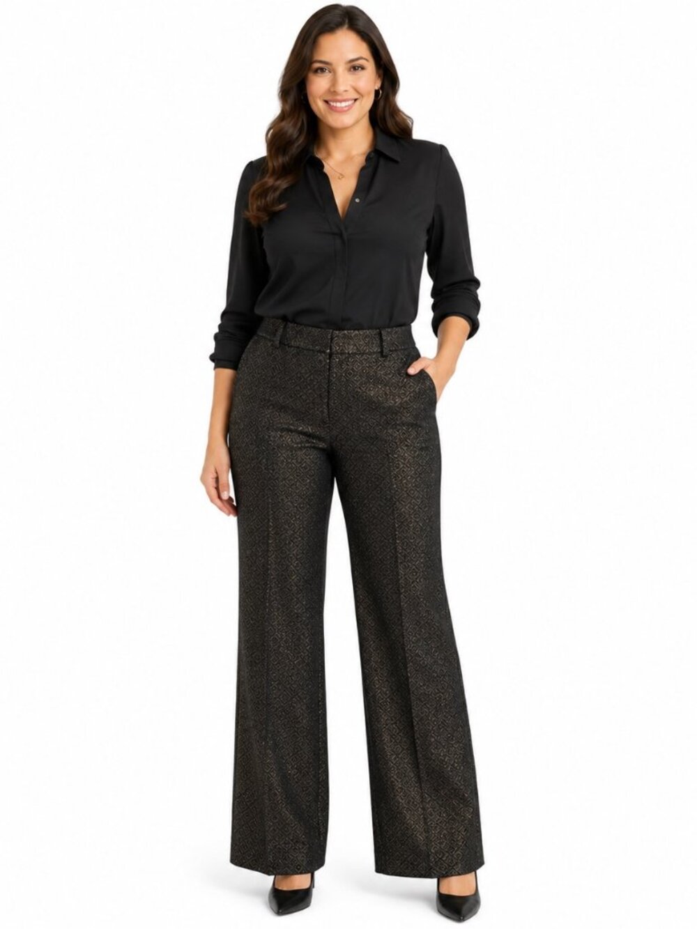 Ann Taylor LOFT Marisa Pants Women’s 14 Black Gold Textured Wide Leg